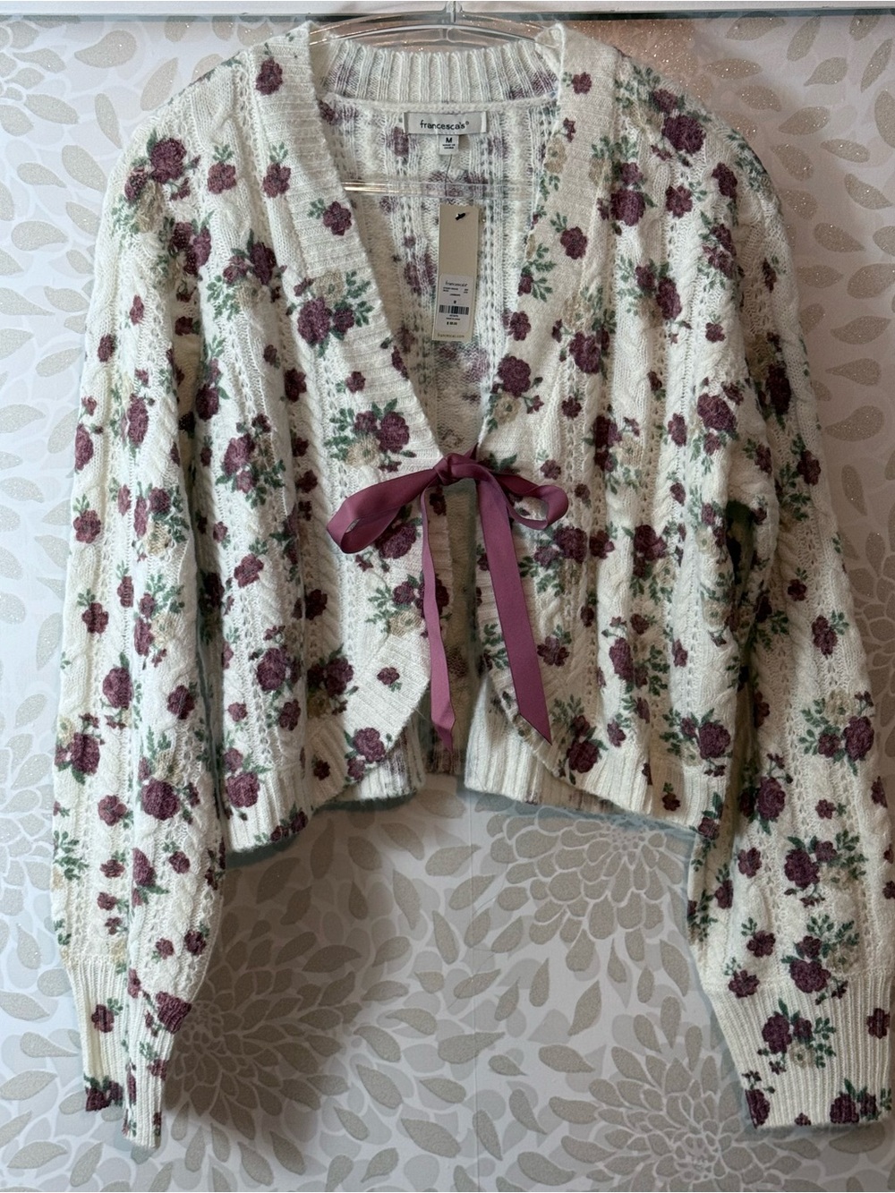 NWT Francesca’s Women’s M Ivory Pink Floral Ribbon Tie Cardigan Sweater
